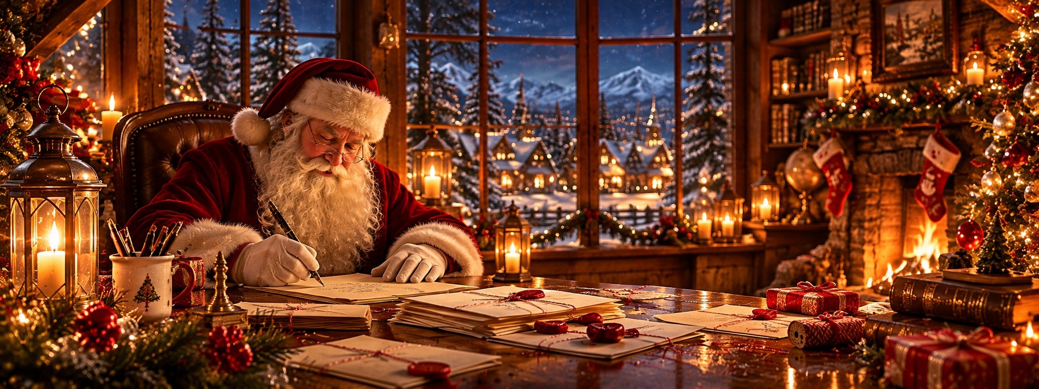 Santa Claus writing replies to children's letters at his desk, with a snowy North Pole village outside the window