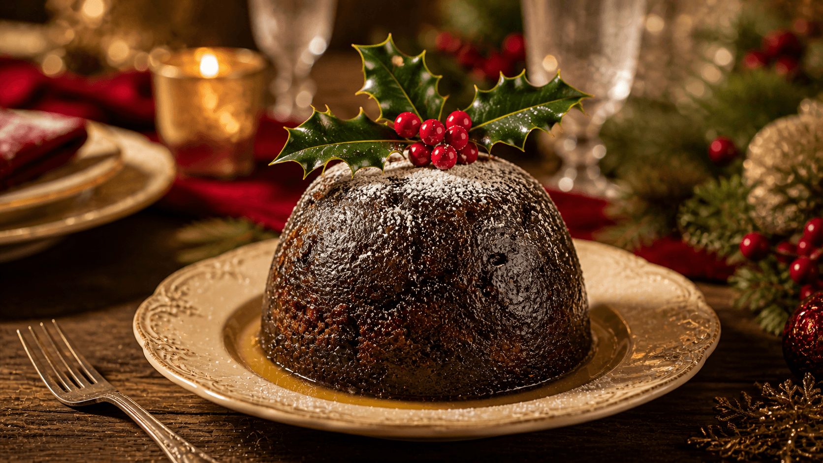 Traditional British Christmas pudding with brandy butter sauce and holly garnish