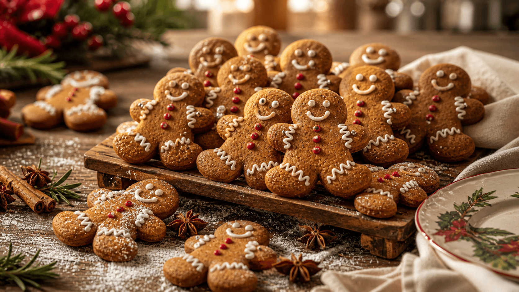 Decorated gingerbread men cookies with white royal icing on a wooden cooling rack
