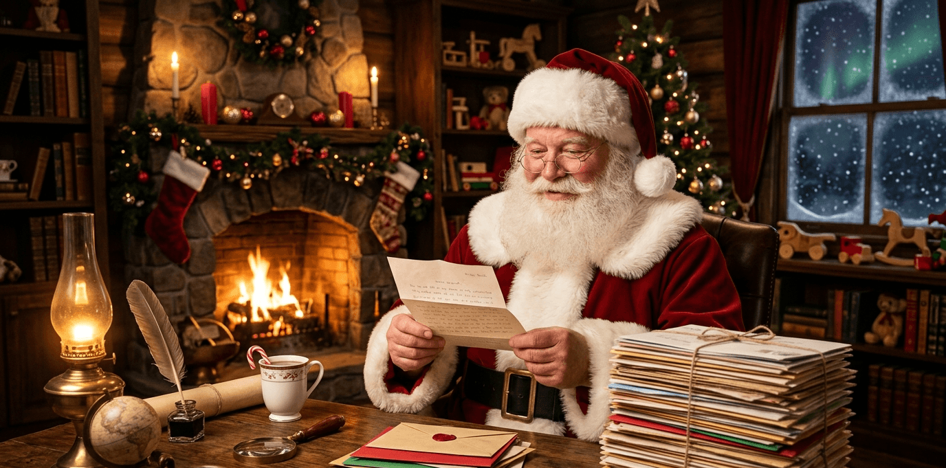 Santa reading letters by the fireplace