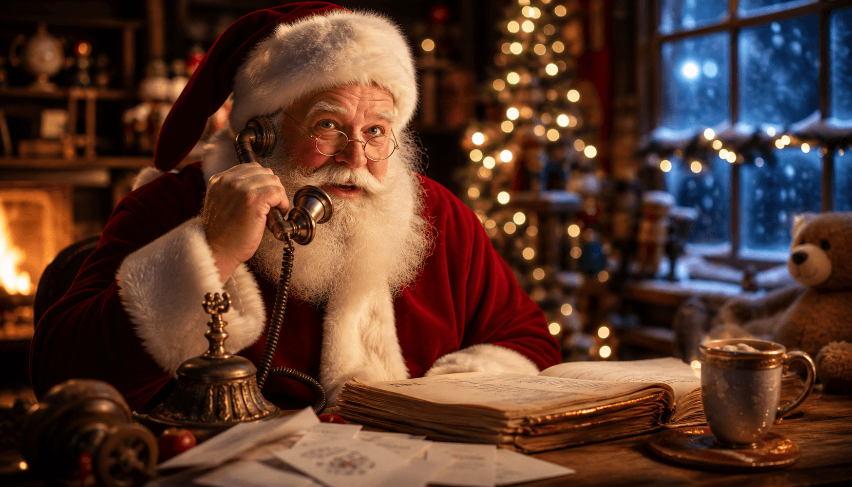 Santa speaking on a vintage telephone