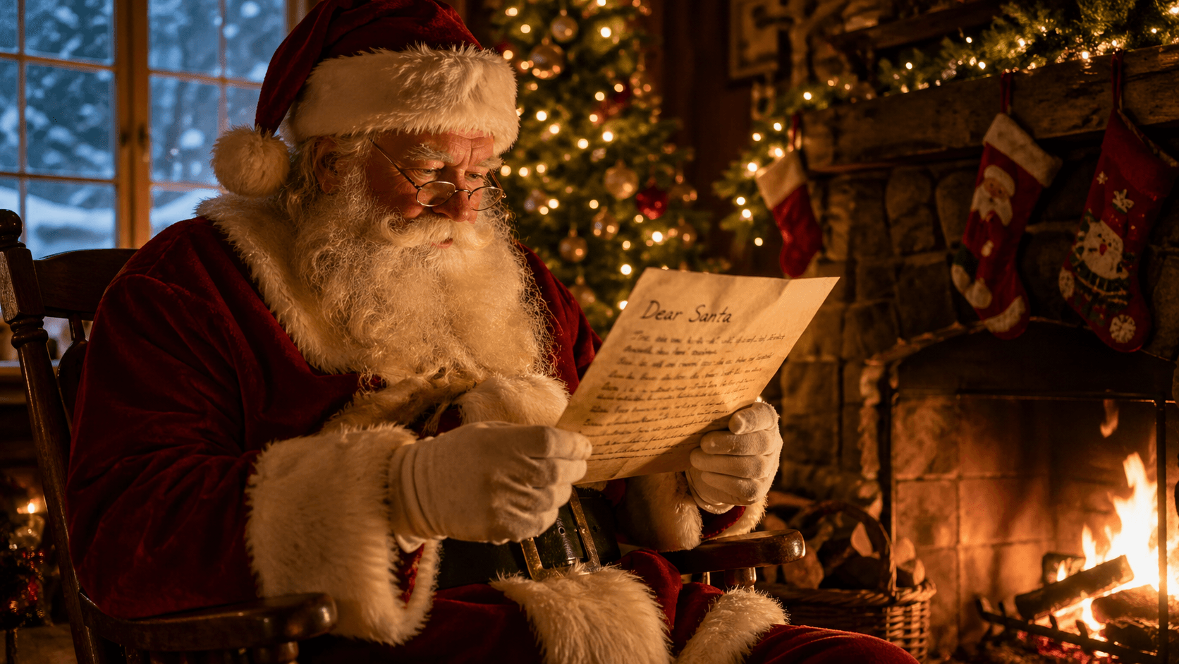 Santa Claus reading a child's letter by a glowing fireplace